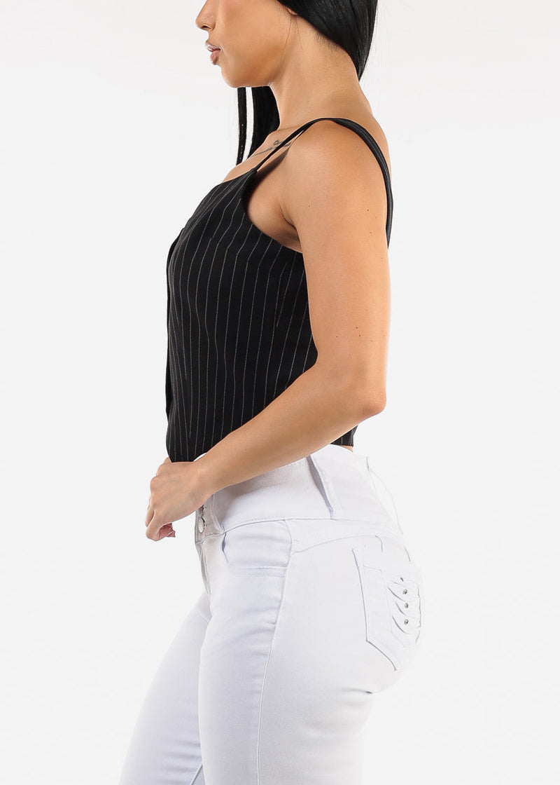Sleeveless  Button Up Stripe Vest Top Black