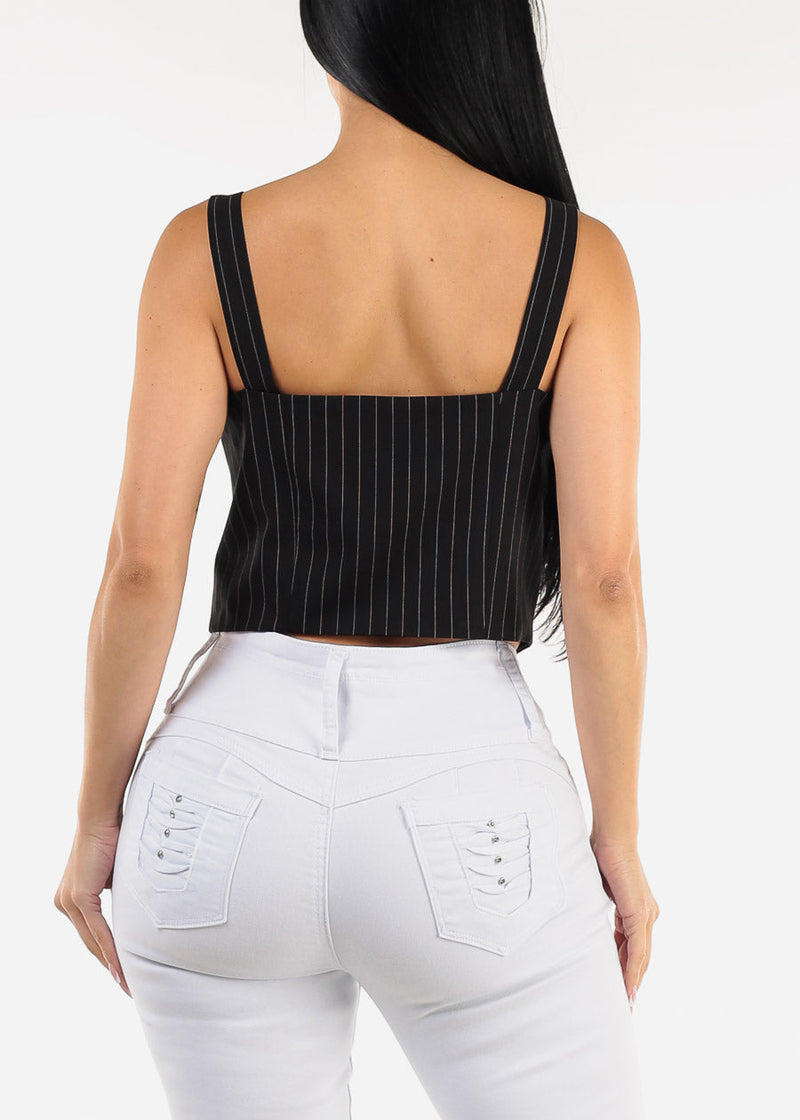 Sleeveless  Button Up Stripe Vest Top Black