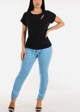 Short Sleeve Round Neck Stretchy Blouse Black