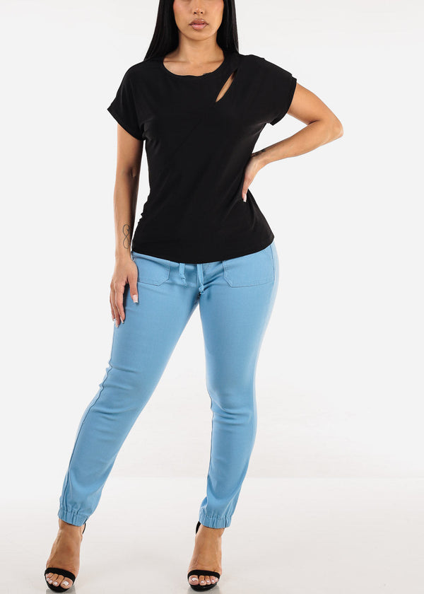 Short Sleeve Round Neck Stretchy Blouse Black