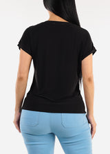 Short Sleeve Round Neck Stretchy Blouse Black