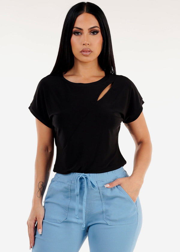 Short Sleeve Round Neck Stretchy Blouse Black