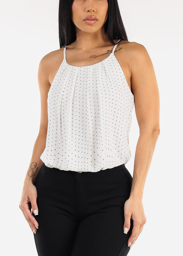 Sleeveless Polka Dot Pleated Blouse White