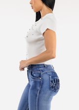 White Short Sleeve Ribbed Top w Rhinestones