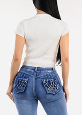 White Short Sleeve Ribbed Top w Rhinestones