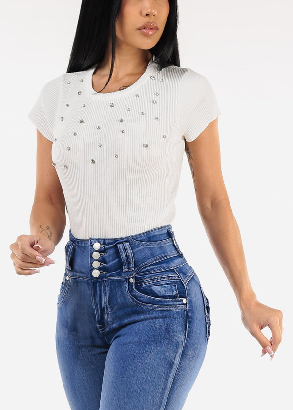 White Short Sleeve Ribbed Top w Rhinestones