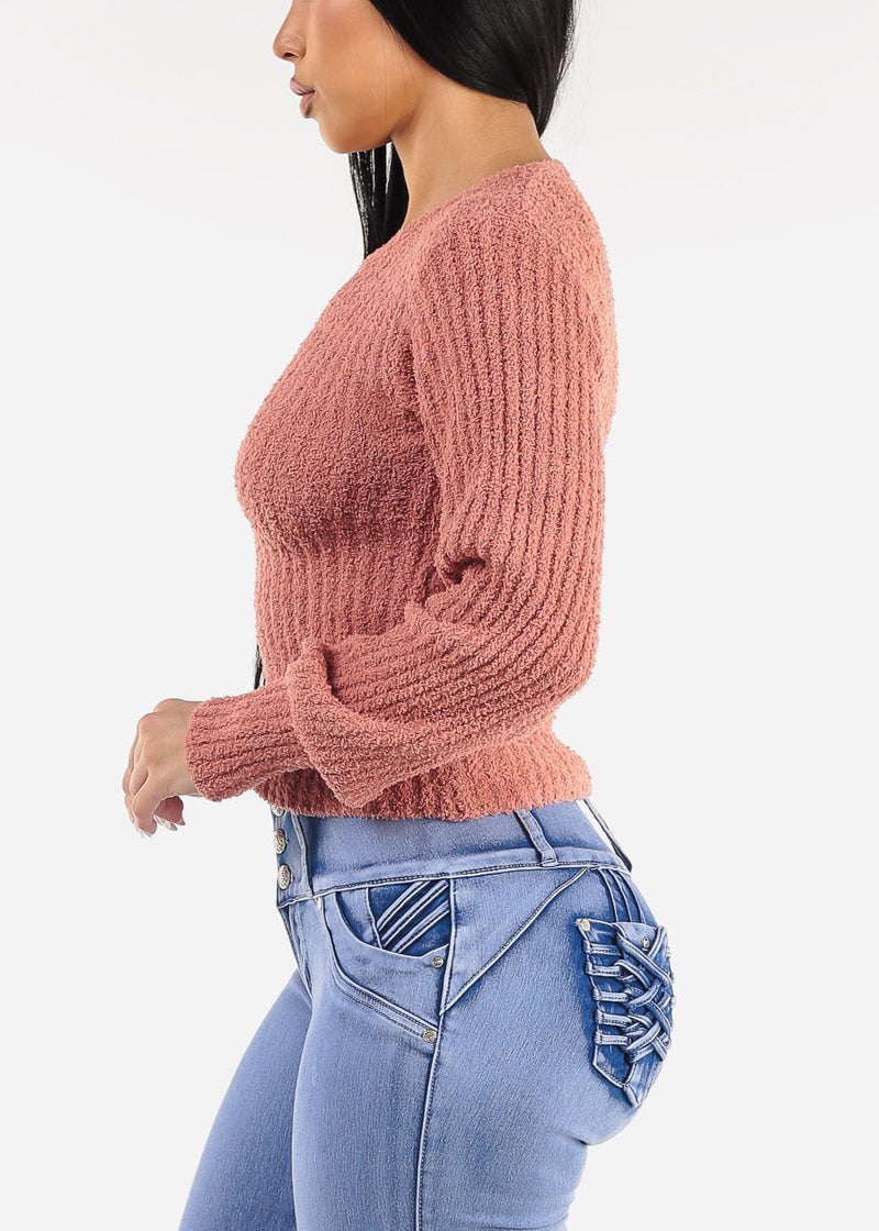 Long Sleeve Crewneck Plush Sweater Dusty Rose