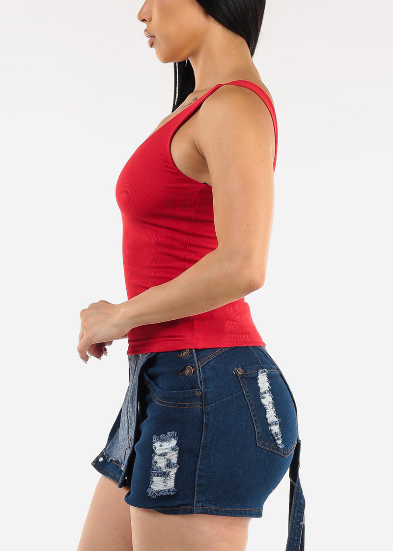 Sleeveless Scoop Neck Ribbed Tank Top Red