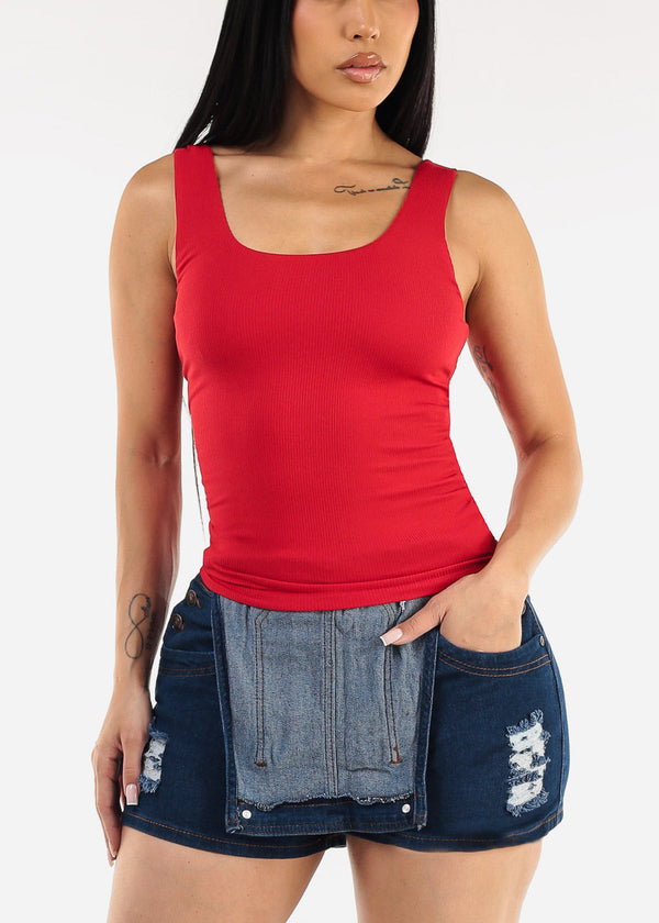 Sleeveless Scoop Neck Ribbed Tank Top Red