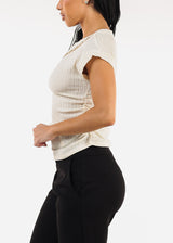 Stretchy Short Sleeve Ruched Ivory Blouse w Necklace