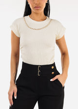 Stretchy Short Sleeve Ruched Ivory Blouse w Necklace