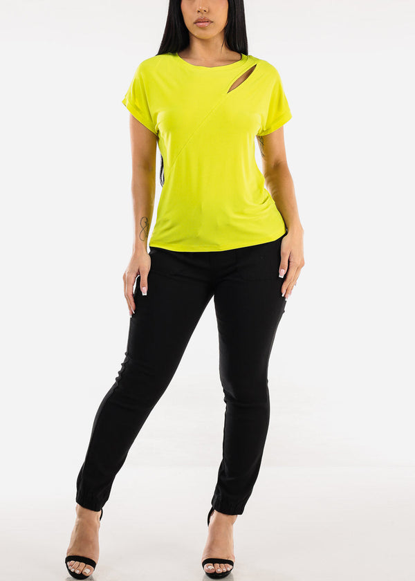 Short Sleeve Round Neck Stretchy Blouse Lime