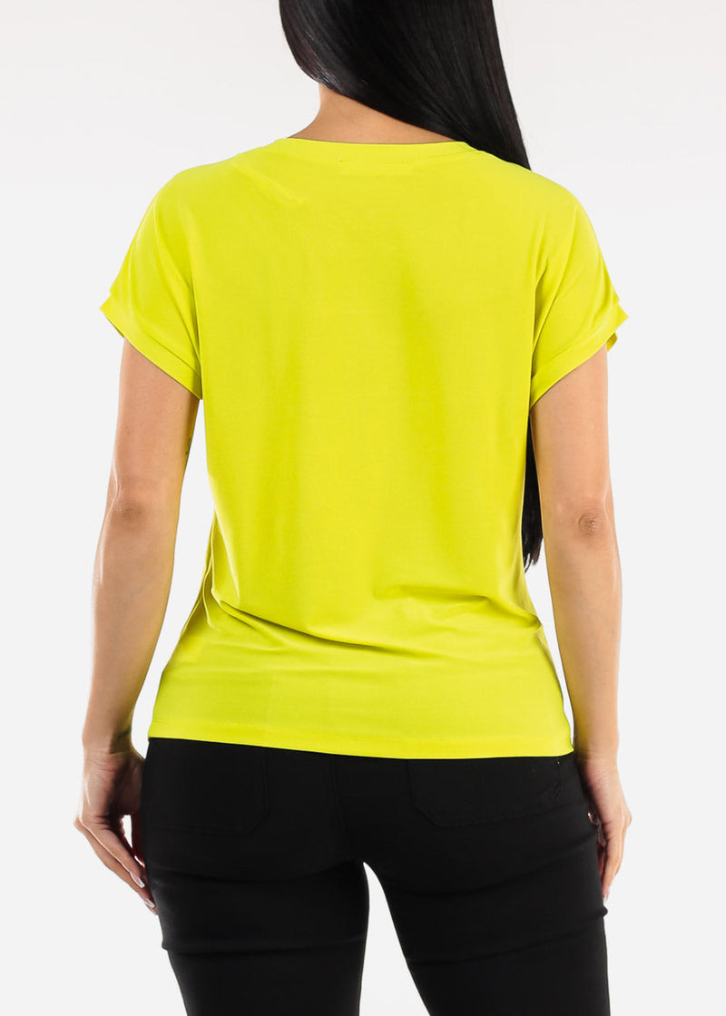 Short Sleeve Round Neck Stretchy Blouse Lime