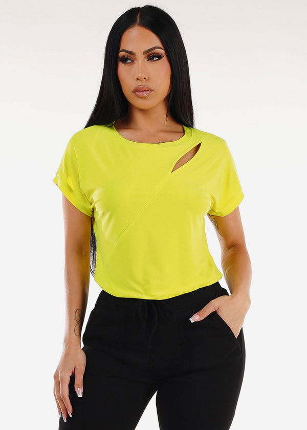 Short Sleeve Round Neck Stretchy Blouse Lime