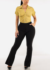 Short Sleeve Button Up Ruched Blouse Light Mustard