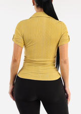 Short Sleeve Button Up Ruched Blouse Light Mustard