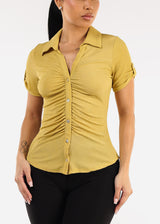 Short Sleeve Button Up Ruched Blouse Light Mustard