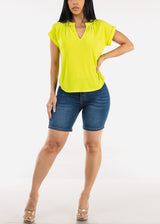 Cuffed Short Sleeve Vneck Stretch Blouse Lime