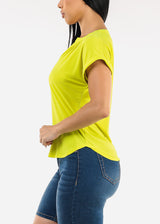 Cuffed Short Sleeve Vneck Stretch Blouse Lime