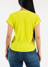 Cuffed Short Sleeve Vneck Stretch Blouse Lime