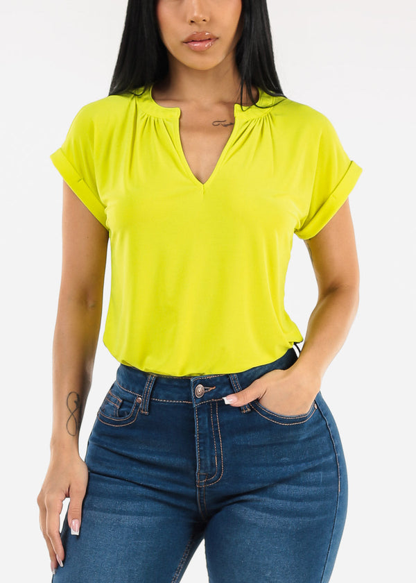 Cuffed Short Sleeve Vneck Stretch Blouse Lime