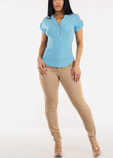 Short Sleeve Half Button Up Blouse Light Blue