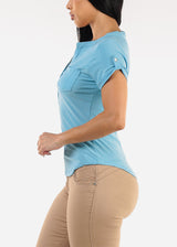 Short Sleeve Half Button Up Blouse Light Blue