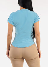 Short Sleeve Half Button Up Blouse Light Blue