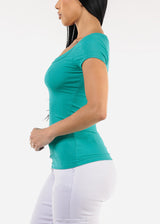 Short Sleeve Round Neck Stretch Ribbed Top Jade