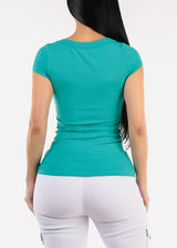 Short Sleeve Round Neck Stretch Ribbed Top Jade
