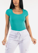 Short Sleeve Round Neck Stretch Ribbed Top Jade