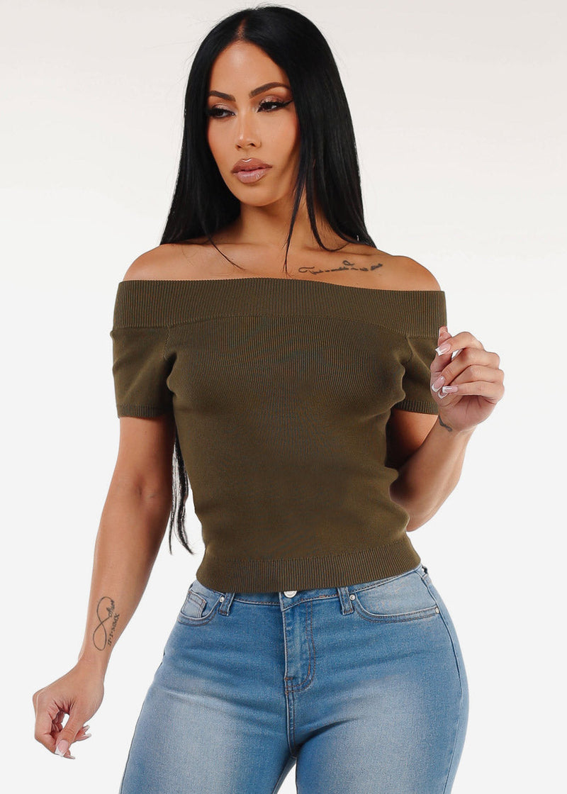 Off Shoulder Stretchy Top Olive