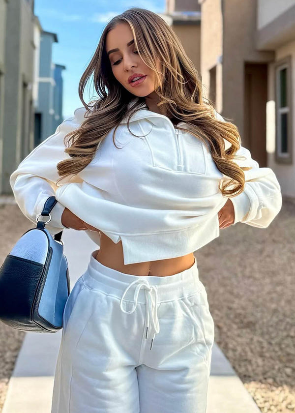 White Half Zip Up Fleece Sweatshirt