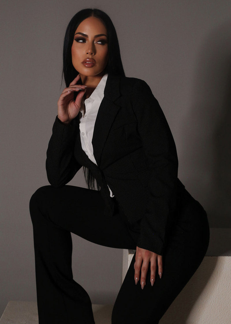 One Button Long Sleeve Stripe Blazer Black