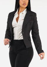 One Button Long Sleeve Stripe Blazer Black