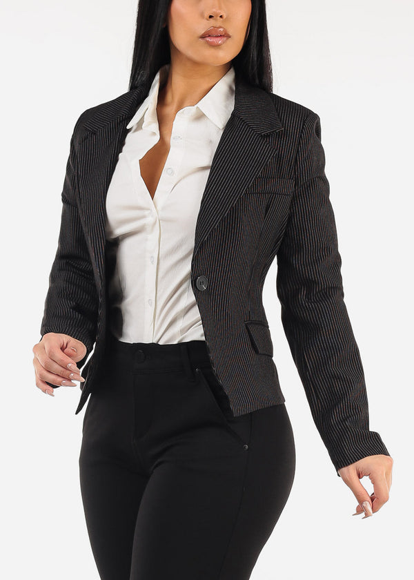One Button Long Sleeve Stripe Blazer Black