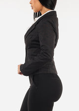 One Button Long Sleeve Stripe Blazer Black