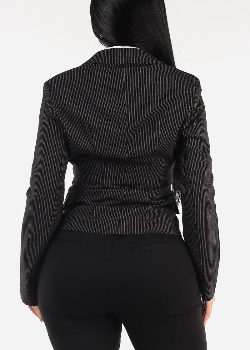 One Button Long Sleeve Stripe Blazer Black