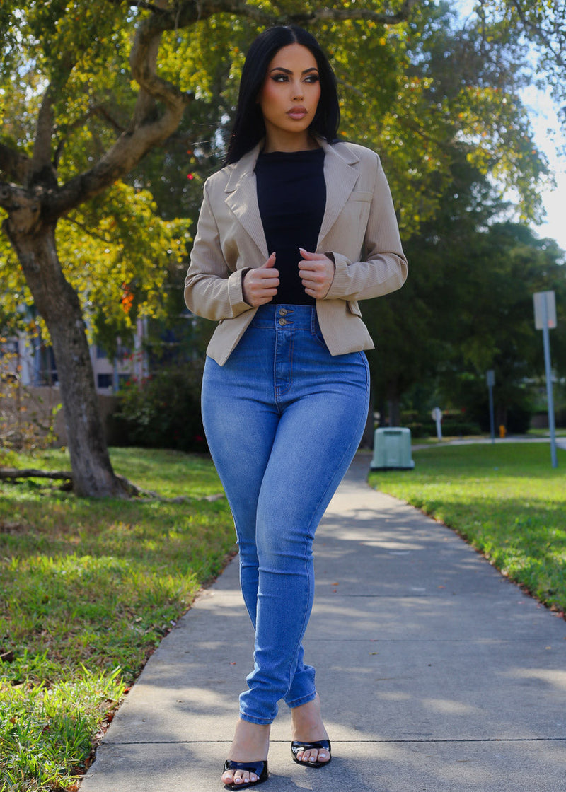 One Button Long Sleeve Stripe Blazer Khaki