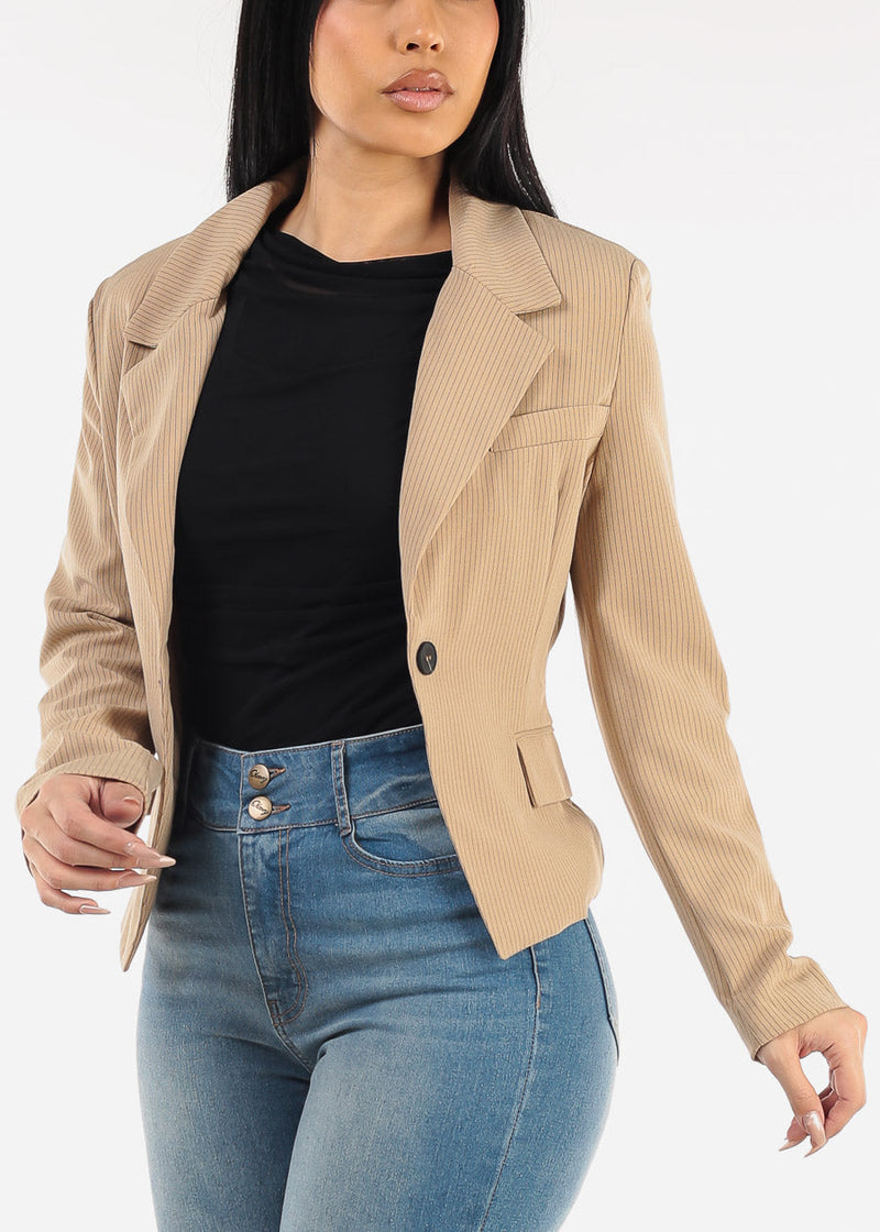 One Button Long Sleeve Stripe Blazer Khaki