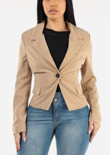 One Button Long Sleeve Stripe Blazer Khaki