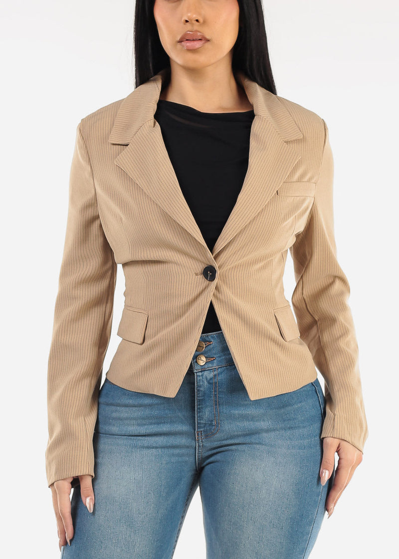One Button Long Sleeve Stripe Blazer Khaki