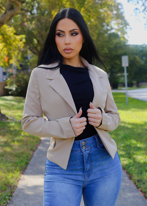 One Button Long Sleeve Stripe Blazer Khaki