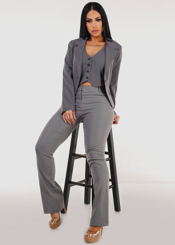 One Button Long Sleeve Stripe Blazer Light Grey