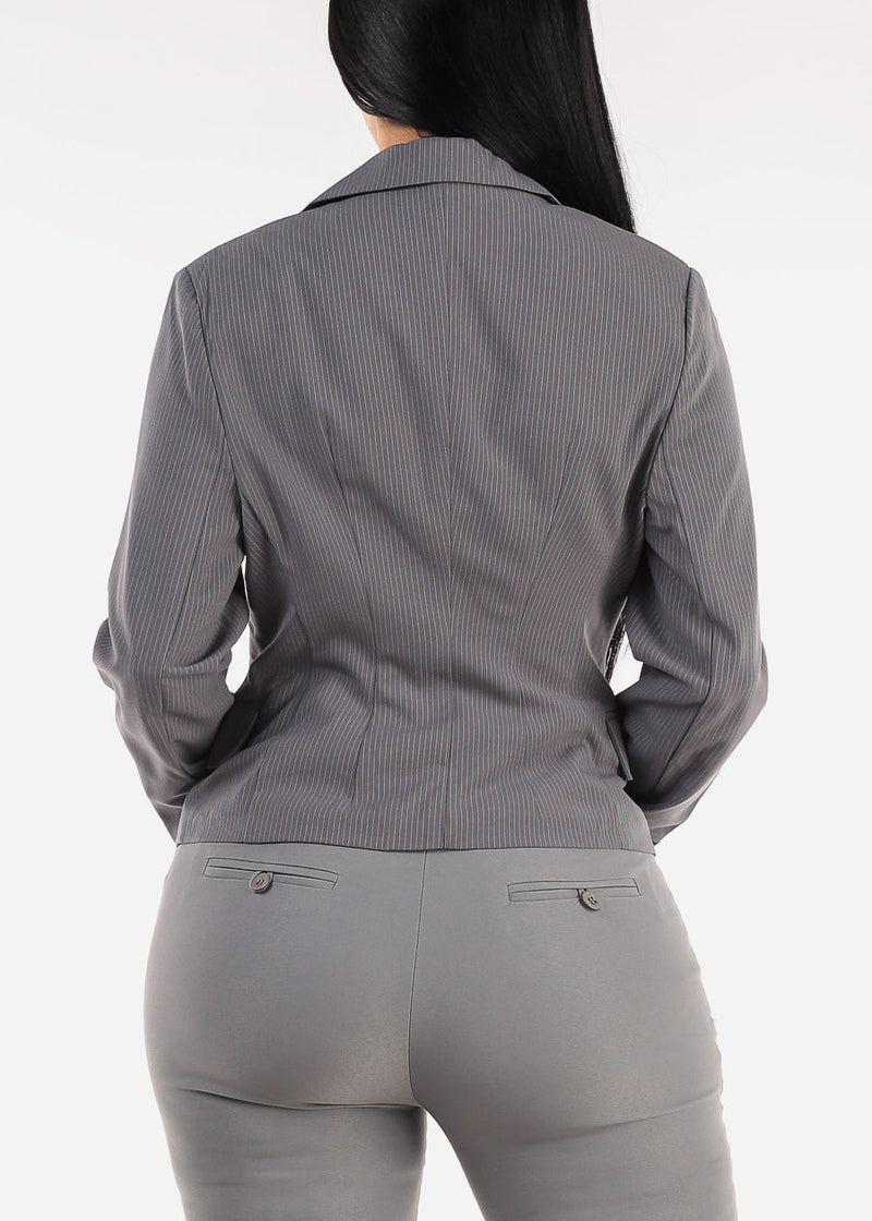 One Button Long Sleeve Stripe Blazer Light Grey