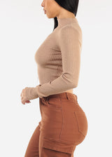 Mock Neck Ribbed Crop Sweater Top Khaki