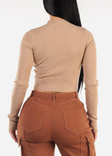 Mock Neck Ribbed Crop Sweater Top Khaki