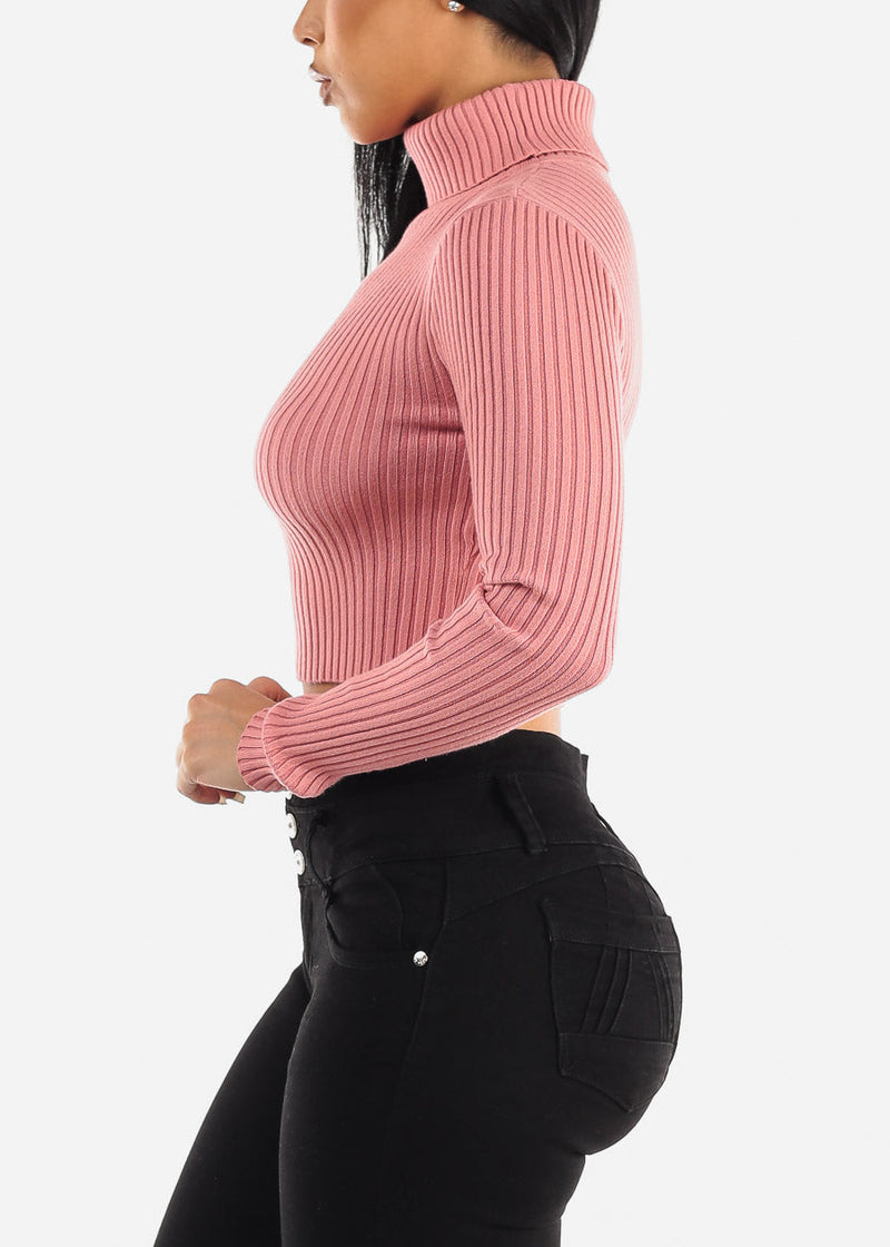 Ribbed Turtleneck Cropped Sweater Pink