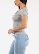 Stretchy Short Sleeve Vneck Ribbed Tee Grey