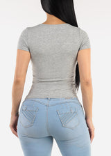 Stretchy Short Sleeve Vneck Ribbed Tee Grey
